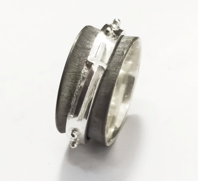 with internal text Silver rosary ring spinner blackened version handmade forged and soldered