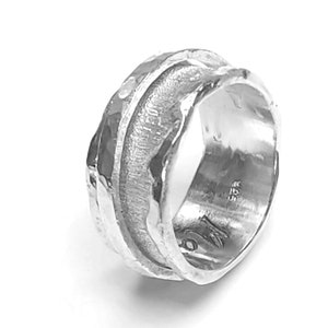 Personalized text sterling silver spinner ring, anxiety ring, anti-stress ring, melted and hammered forged edge.