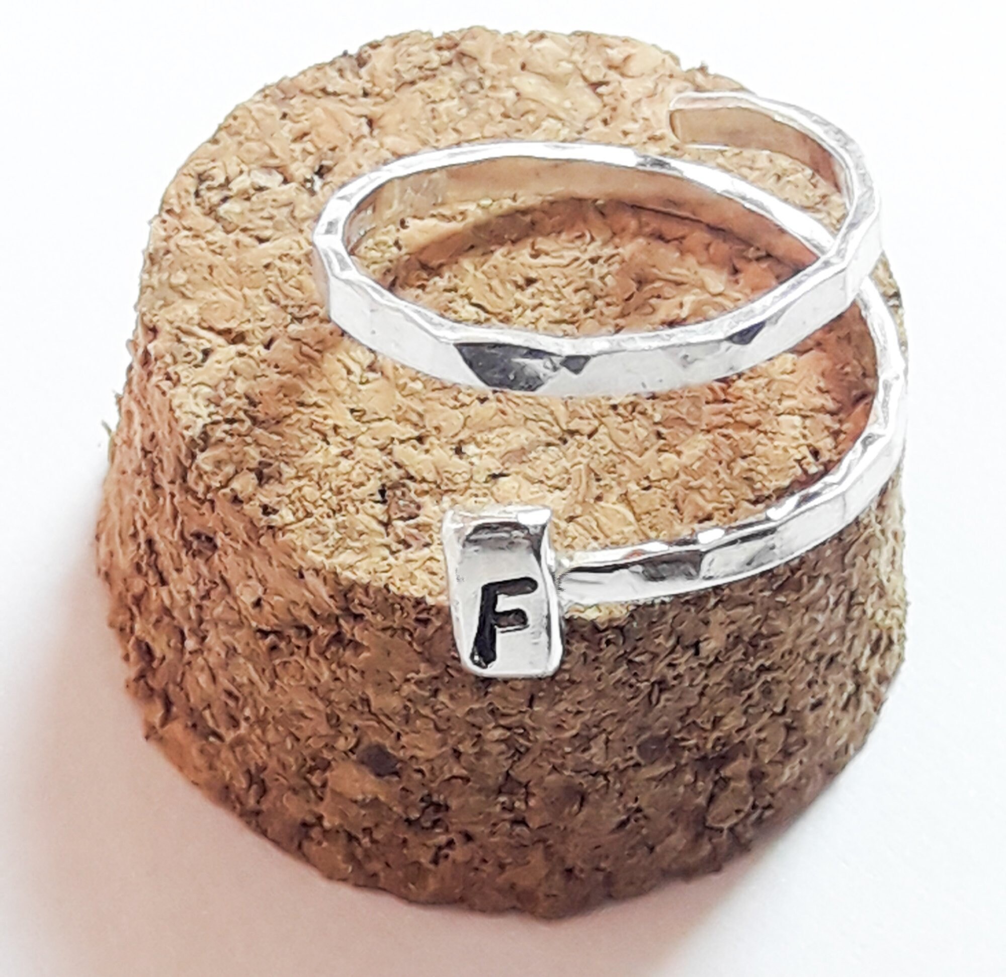 Silver adjustable ring, minimalist ring, wrap ring with a stamped letter or initial.