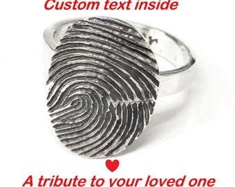 Silver engraved custom fingerprint Ring, oval memorial ring.  Personalized text - Engagement ring - thumbprint jewelry.