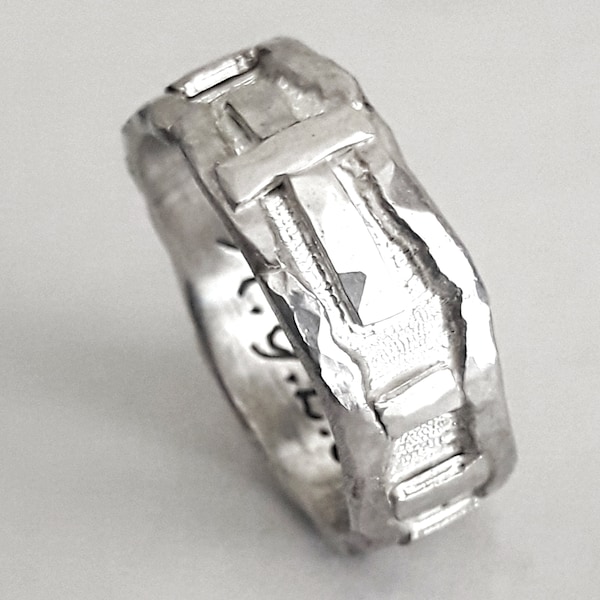 Con texto personalizado, anillo Rosario, hecha totalmente a mano, con plata forjado y soldado.