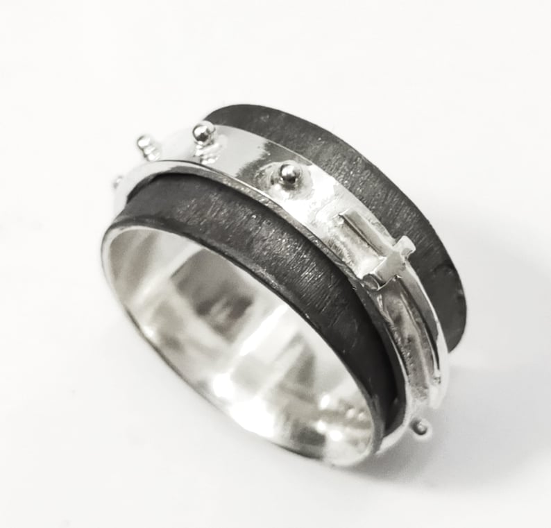 with internal text Silver rosary ring spinner blackened version handmade forged and soldered