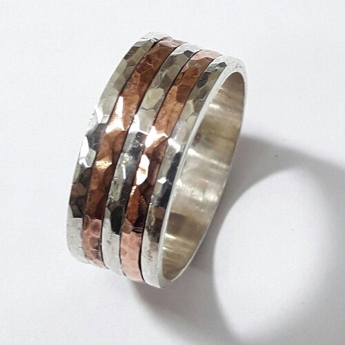Engagement shops sterling silver ring with faceted hammered, with five alternate rings of silver-copper-silver-copper-silver, and custom text.