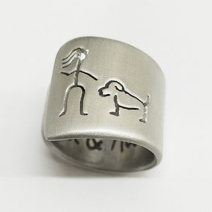 Open aluminum band ring with He or her and his dog, with custom text.