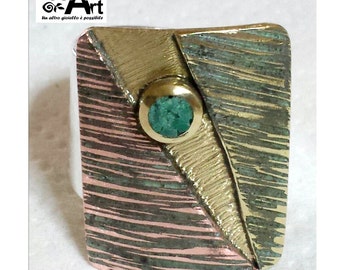 Sterling silver adjustable ring with copper and brass,  malachite and personalized custom text. Model 4