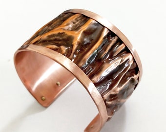 Fold formed - embossed - copper cuff bracelet. Hammered and forged copper for 7th married Anniversary Gift.