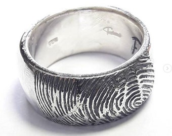 Engraved custom fingerprint Sterling Silver Ring with personalized text, memorial ring. fingerprint jewelry