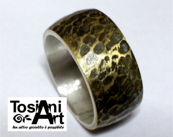 Sterling silver engagement or friends ring with hammered brass outside, and personalized internal text.