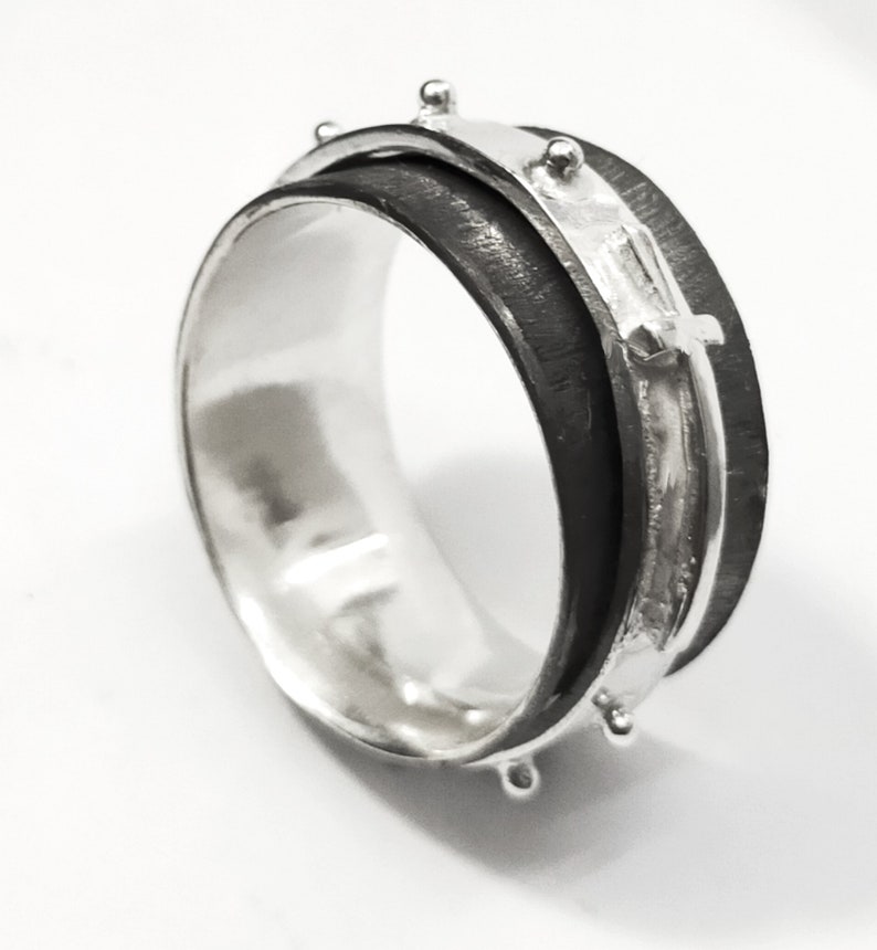 with internal text Silver rosary ring spinner blackened version handmade forged and soldered