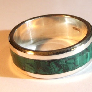 Personalized text sterling silver band ring, with malachite stone.