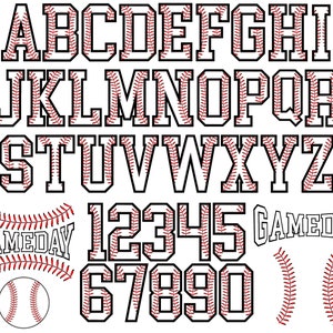 Peut inclure: Ensemble de graphiques sur le thème du baseball, comprenant l'alphabet, les chiffres et le mot "GAMEDAY". Chaque lettre et chiffre est conçu avec un contour noir et des coutures rouges, ressemblant à une balle de baseball. Sont également inclus des coutures de baseball et un graphique de balle de baseball.