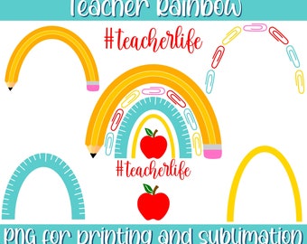 Teacher Rainbow PNG Clipart Bundle | Pencil Paperclip Apple Rainbow | Teacher Life | Teacher Gift |