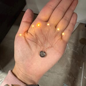 May include: A small, battery-powered string light with seven warm white LED bulbs. The lights are attached to thin copper wires and connected to a small, round battery pack. The lights are held in a hand.