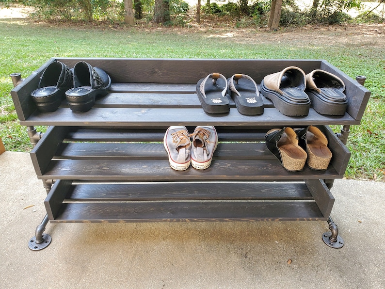 Handmade Reclaimed Wood Shoe Stand \/ Rack \/ Organizer with Pipe Stand Legs