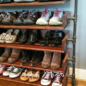 Rustic Wood Shoe Storage with Pipe Stand Legs image 1