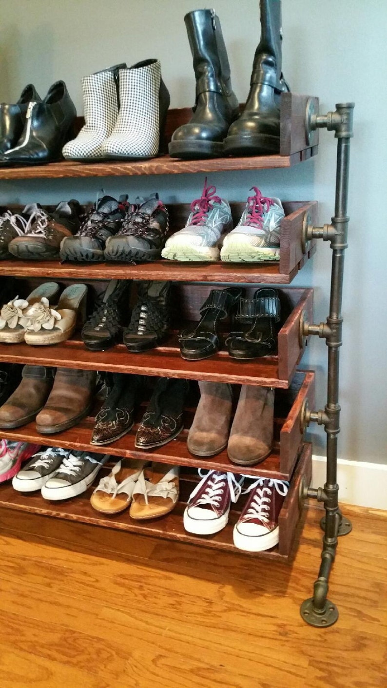 Rustic Wood Shoe Storage with Pipe Stand Legs image 1