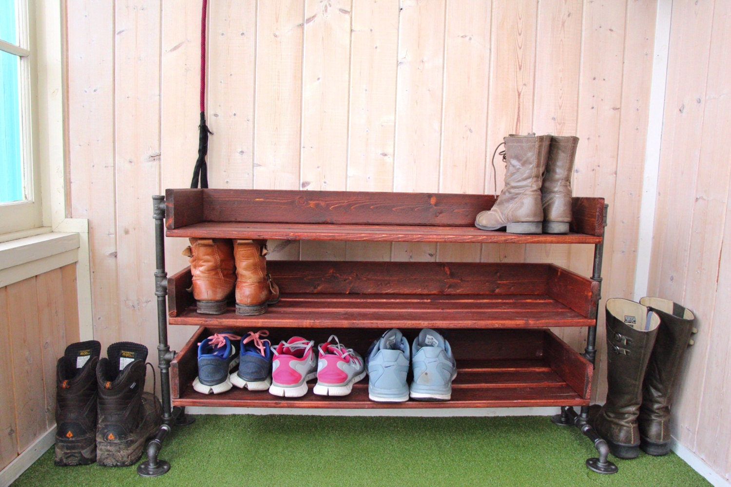 Wall mounted Solid Wood and Pipe shoe rack – Crafted of Light and Lumber