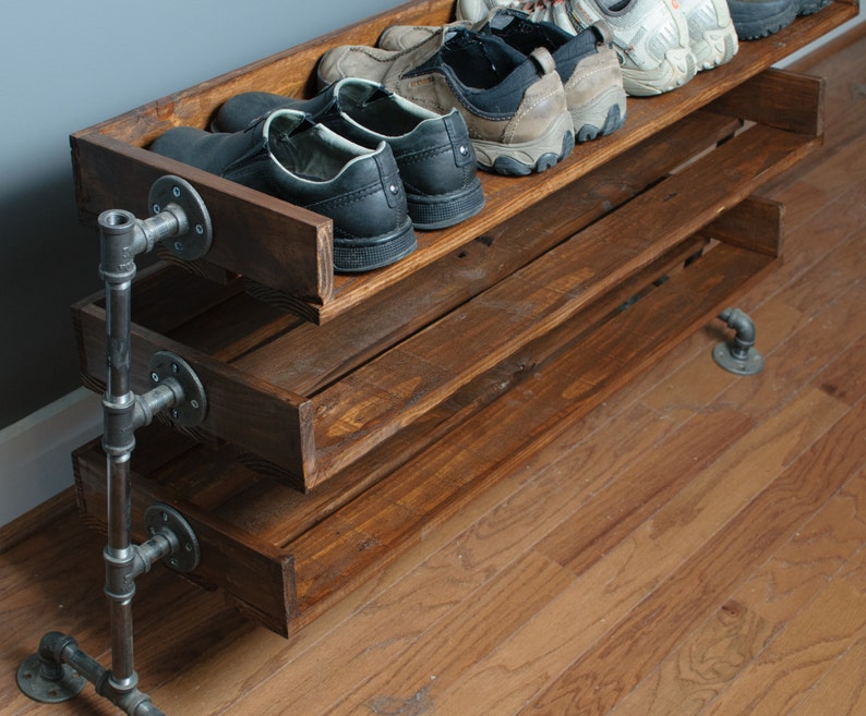 Rustic Wood Shoe Storage with Pipe Stand Legs image 2