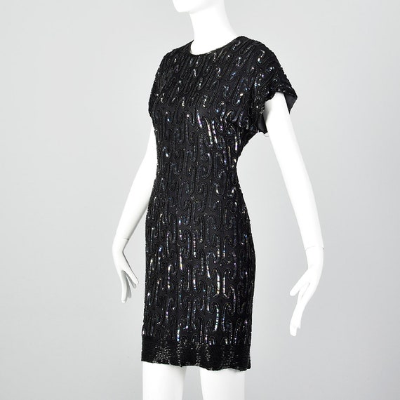 XXS Black Silk Sequin Cocktail Dress Beading Shor… - image 3