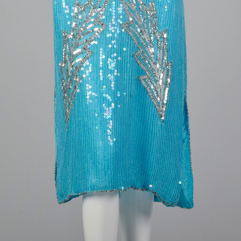 Medium 1970s Blue Silk Sequin Dress Vintage India Silk Dress 70s Beaded Cocktail Dress Vtg Blue Party Dress image 9