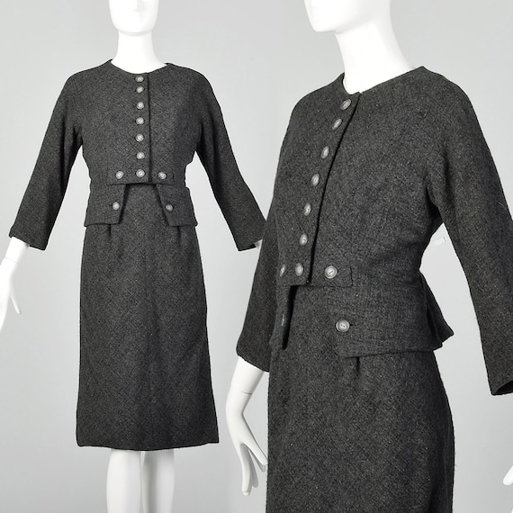 1960s Galanos Dress Set Gray Wool Tweed Autumn Ou… - image 1