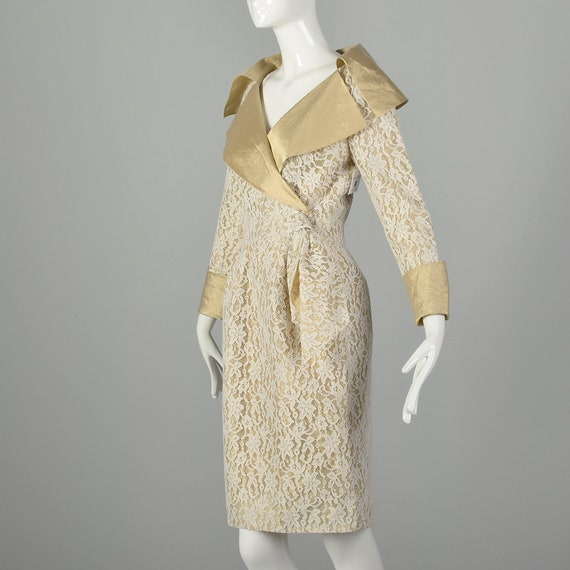 Small 1990s Pilar Rossi Lace Dress Metallic Gold … - image 2