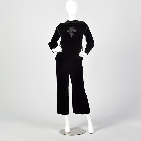 Small 1960s Black Velvet Two Piece Ensemble Culott