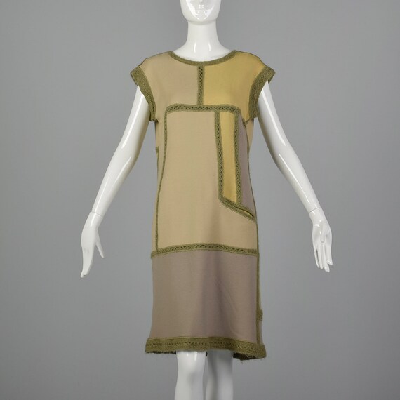 XS 1960s Patchwork Dress Knit Trim Green Sleevele… - image 5