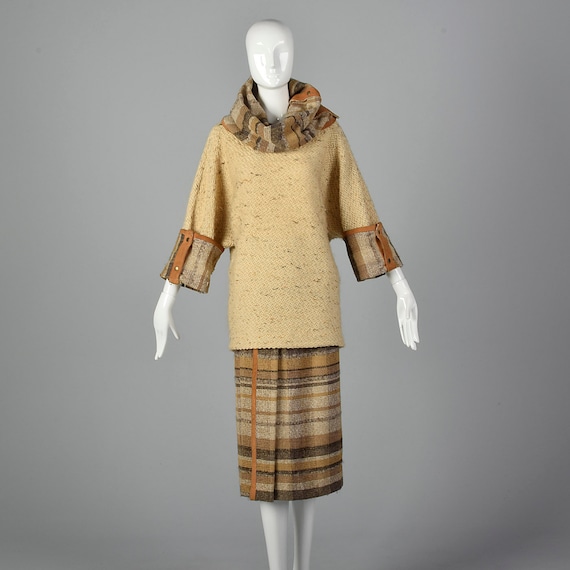 XS Off White Wool Tweed Skirt Set Chunky Brown St… - image 2