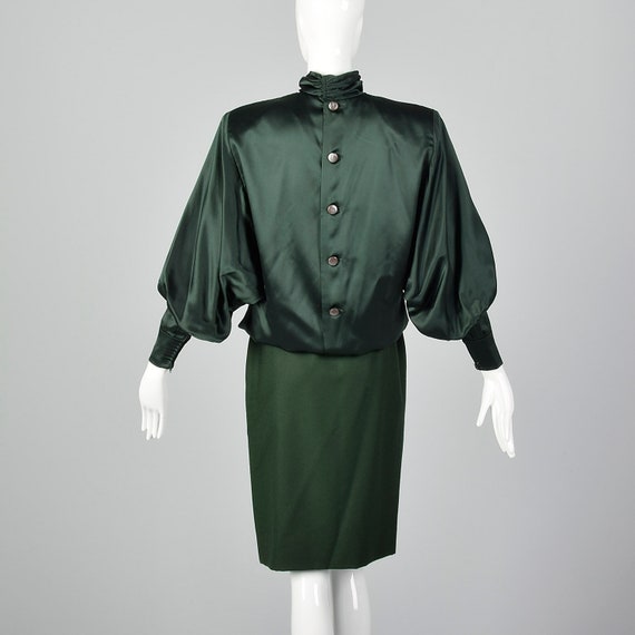 Small Galanos 1980s Green Blouse and Skirt Set Ba… - image 5