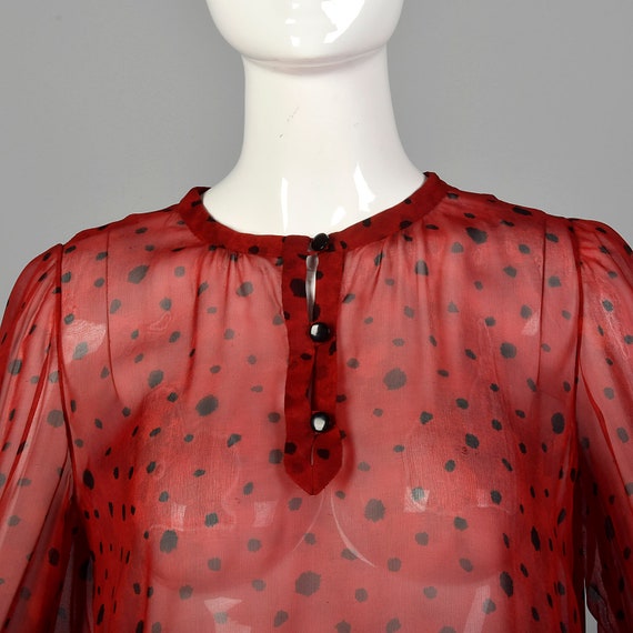 Medium 1980s Sheer Red Tunic Dress Abstract Print… - image 8