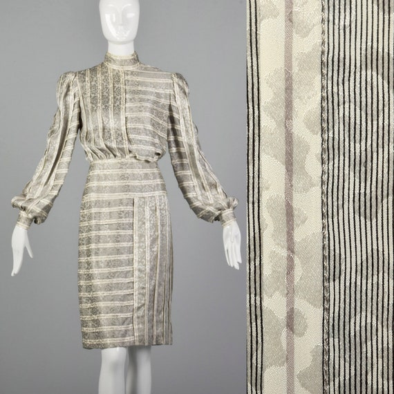 Small Galanos 1970s Striped Silk Dress Vintage Geo