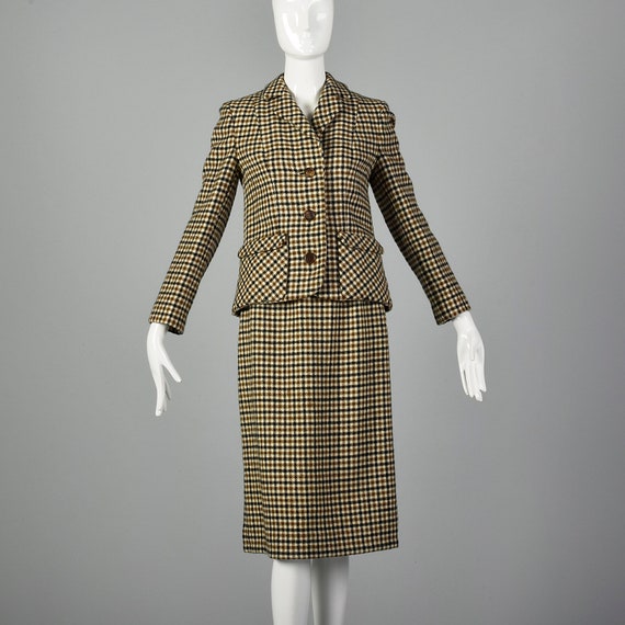 XXS 1960s Brown Plaid Skirt Suit Button Front Jac… - image 3