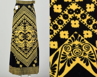 XXS 1970s Mr. Dino Velveteen Print Skirt Gold Black Print Maxi