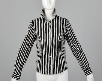 XS Marimekko Black and White Striped Shirt Long Sleeves Button Cuffs Flattering Fit Button Up