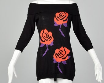 XS Gianni Versace Spring Summer 1988 Black Sweater Designer Floral Rose Novelty Off the Shoulder Wool Mini Dress 80s
