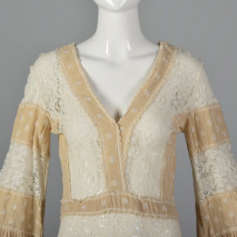 Medium 1970s Bohemian Dress Sheer Lace Panels Alternative Wedding Dress Bell Sleeves Boho Loose Flowy 70s Vintage