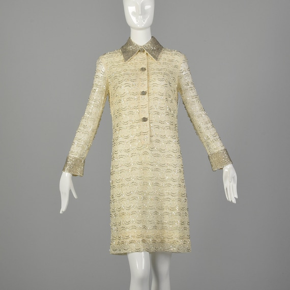 Medium 1960s Mod Dress White Beaded Long Sleeve Se