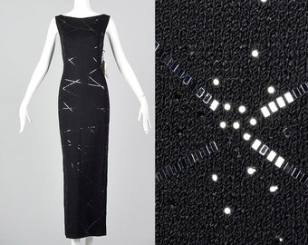 Medium 1990s St John Evening Deadstock Black Knit Dress Sequin Trim Sleeveless Maxi Dress Cocktail Evening 90s Vintage