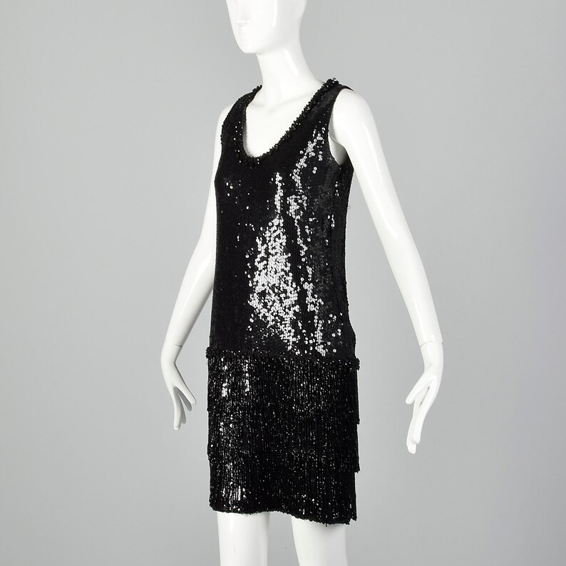 Small 1980s Black Sequin Dress Vintage Beaded Shift Dress Little Black Dress Cocktail Dress 80s Flapper Dress image 2