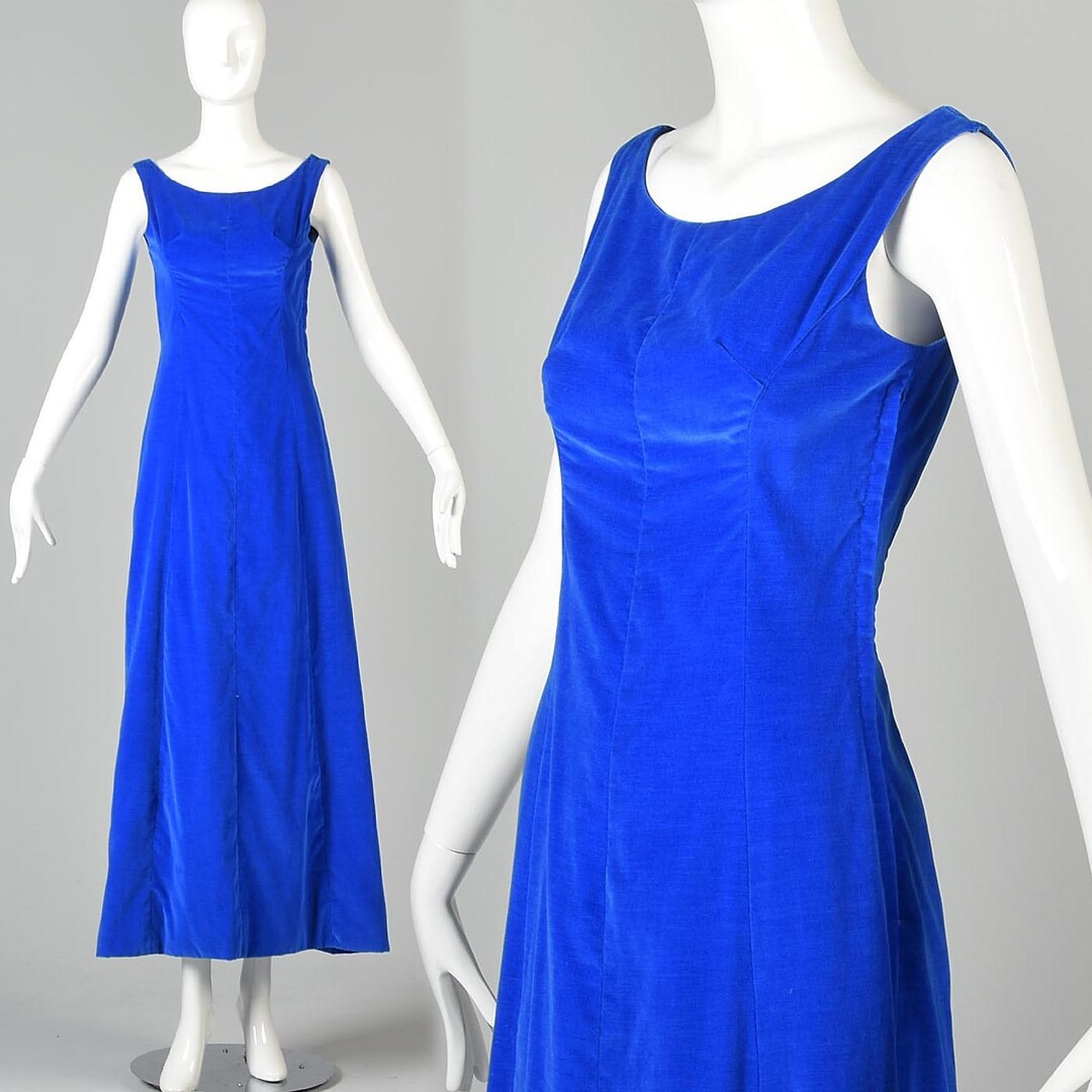 XS 1960s Blue Velvet Maxi Dress Simple Elegant Maxi Dress - Etsy