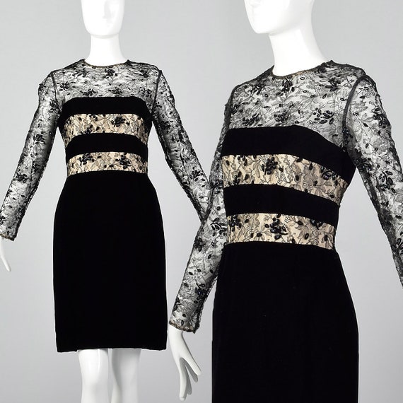 Small 1980s Victor Costa Black Velvet Dress Lace … - image 1