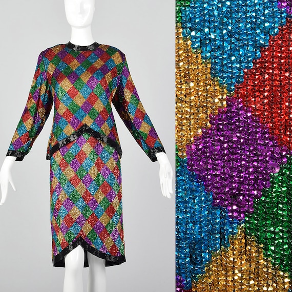 Small Colorful Silk Sequin Two Piece Skirt Set Gr… - image 1