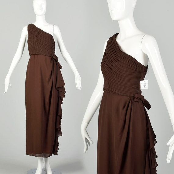XS 1980s Morton Myles Brown Asymmetric Maxi Dress - image 1
