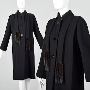 Small 1980s Pauline Trigere Coat Black Wool Winter Outerwear Removable Mink Tail Scarf image 1