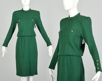 Small 1980s Adolfo Green Knit Holiday Long Sleeve Sweater Dress