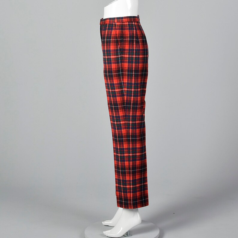 XS Pendleton Plaid Pants Red Wool Vintage 70s Blue Green Woven Flat Front Lined Tapered Leg