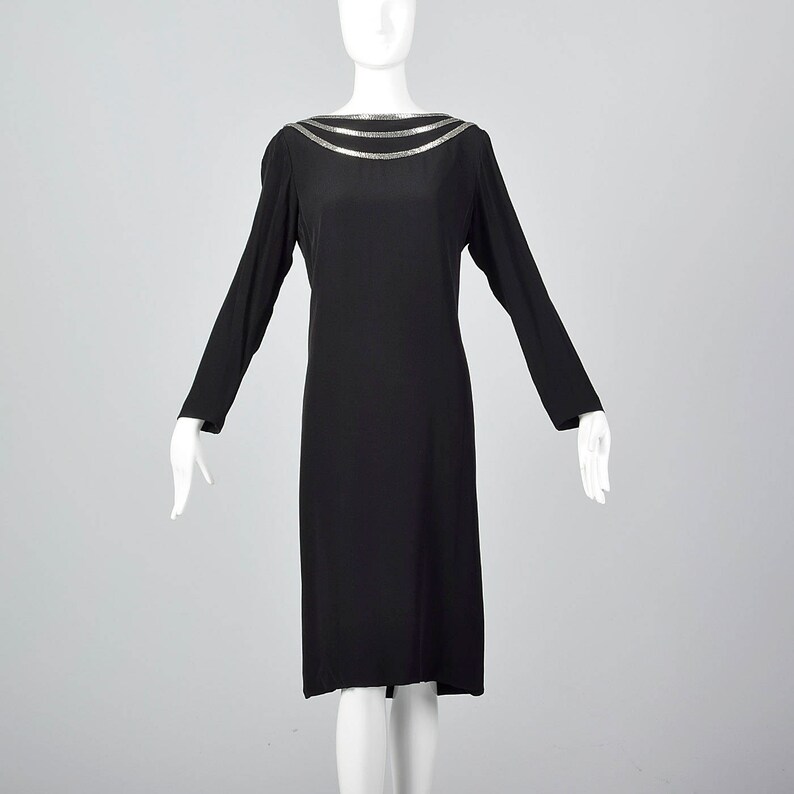 1970s Bob Mackie Sexy Winter Dress Backless Evening Dress Long Sleeves Little Black Dress Beaded Neckline Draped Back image 2