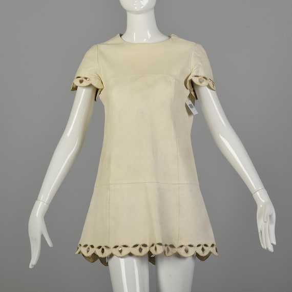 Medium 1960's Mod Leather Dress Micro Mini White D