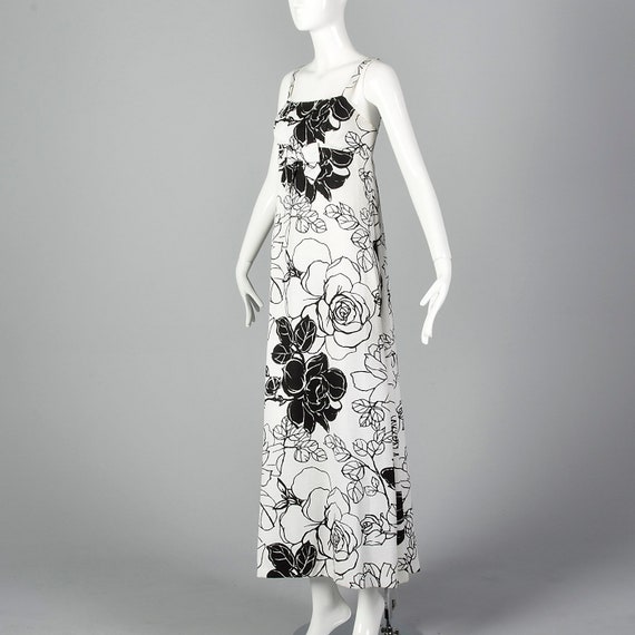 XS 1960s Dress Black White Floral Maxi Empire Wai… - image 2